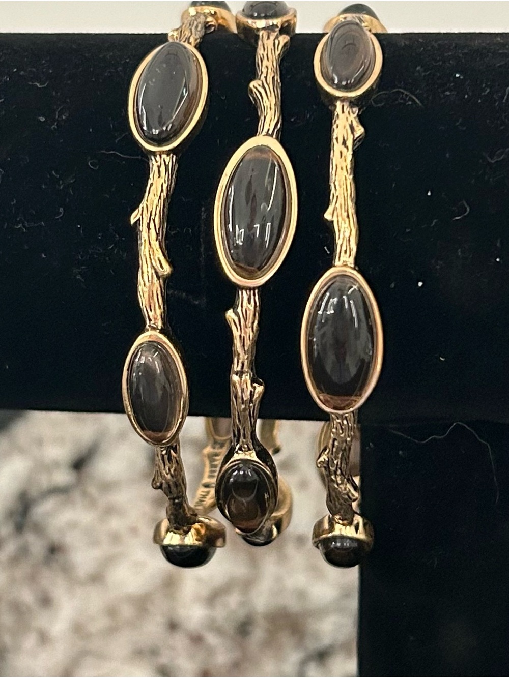 Brase Bronze Branch Bangle Bracelets with Smoky Gray Quartz Cabochons